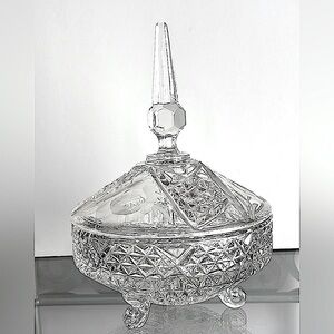 Vintage clear cut crystal footed candy dish with etched roses on steeple handle